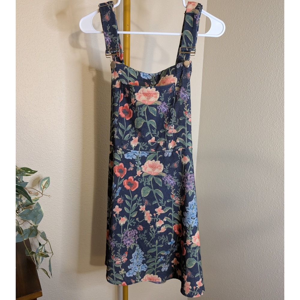 Cider Whimsical Black Floral Corduroy Pinafore Overalls Mini Dress Bee Print L